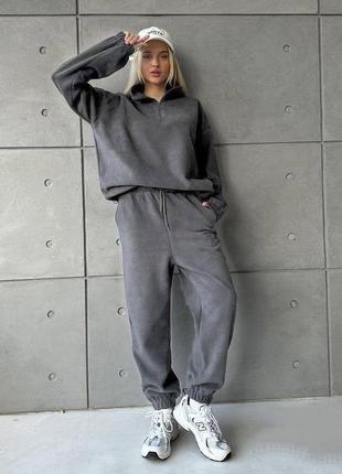 Костюм спортивный женский графитовый однонтонный оверсайз кофта на молнии брюки джоггеры с карманами качественный теплый графитовый