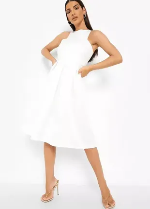 Біле плаття-міді з неопрену та оборками на талії boohoo