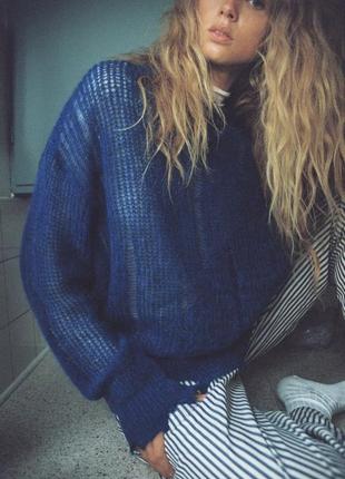 Свитер из шерсти,синий свитер с рваностями из новой коллекции zara размер s
