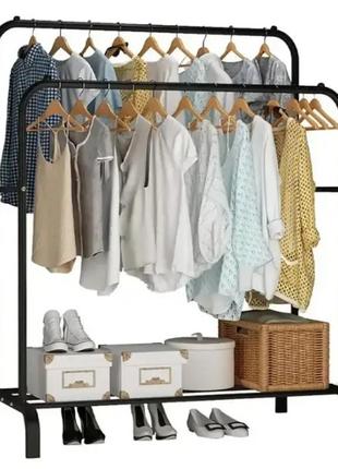 Подвійна підлогова стійка вішалка для одягу з полицею для взуття 150*110*57 см hws...