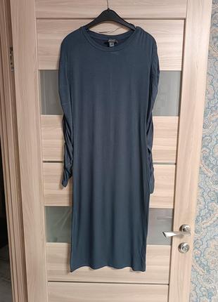 Платье миди, актуальный необычный рукав, глубокий синий цвет
