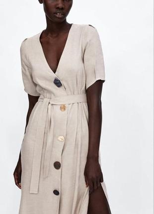 Zara basic платье- рубашка миди из льна и вискозы/платье рубашка