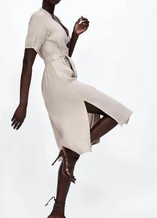 Zara basic платье- рубашка миди из льна и вискозы/платье рубашка5 фото