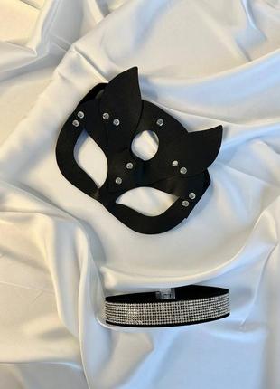 Шкіряна маска + чокер в стразах рольові ігри костюм кішка