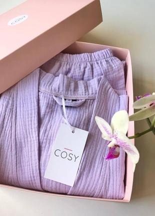 Жіночий мусліновий комплект халат+піжама cosy в подарунковій упаковці, лавандовий10 фото