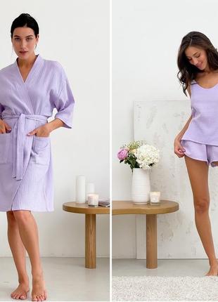 Жіночий мусліновий комплект халат+піжама cosy в подарунковій упаковці, лавандовий2 фото