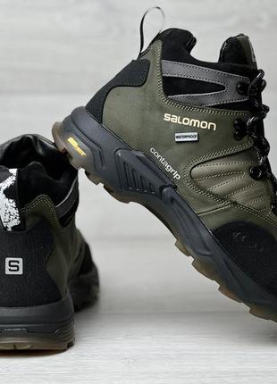Спортивные кожаные ботинки, кроссовки термо salomon contagrip gore-tex olive5 фото