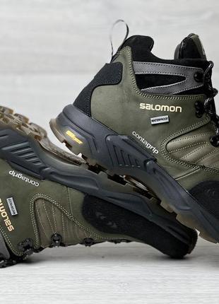 Спортивные кожаные ботинки, кроссовки термо salomon contagrip gore-tex olive6 фото