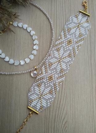 Роскошный браслет из бисера, золотой бисер, белый браслет, нежный, стильный, модный1 фото