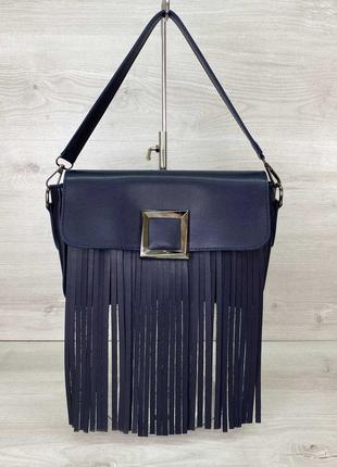 Женская синяя сумка с бахромой синий клатч с бахромой наплечная клатч багет с бахромой2 фото