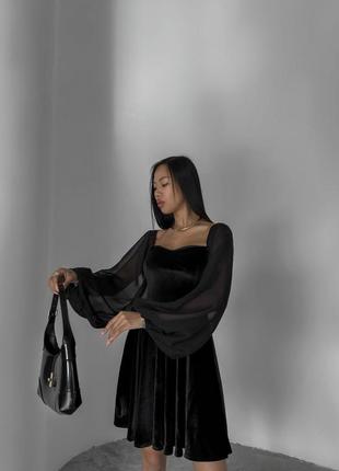 Оксамитова чорна сукня з шифоновими рукавами, плаття бархатне з повітряними рукавами