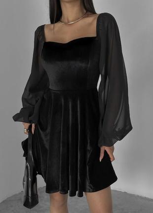 Оксамитова чорна сукня з шифоновими рукавами, плаття бархатне з повітряними рукавами3 фото