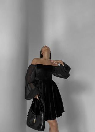 Оксамитова чорна сукня з шифоновими рукавами, плаття бархатне з повітряними рукавами6 фото