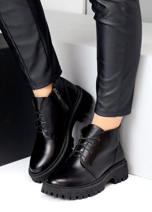 Кожаные невысокие молодежные женские ботинки, натуральная кожа на флисе, в черном цвете, демисезон з8 фото