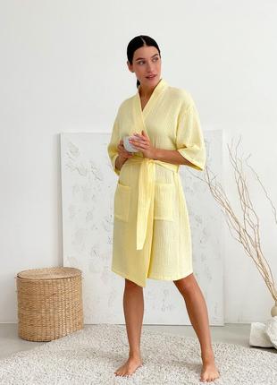 Жіночий мусліновий комплект халат+піжама cosy в подарунковій упаковці, лимонний m14+p6 фото