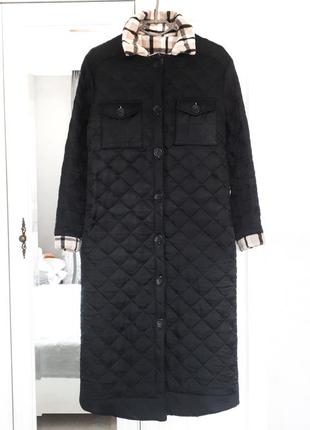 Черное пальто миди стеганная курточка в клетку в клетку2 фото