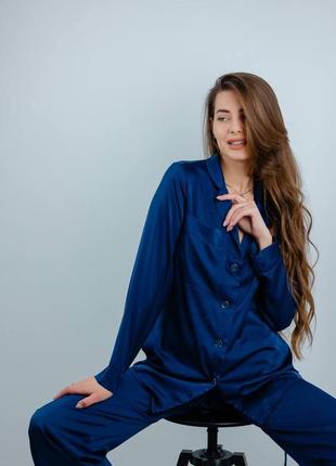 🎨3! шикарний шовковий костюм піжамний стиль синий синий пижамный женский шовк шелковый шелк6 фото