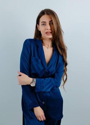 🎨3! шикарний шовковий костюм піжамний стиль синий синий пижамный женский шовк шелковый шелк7 фото