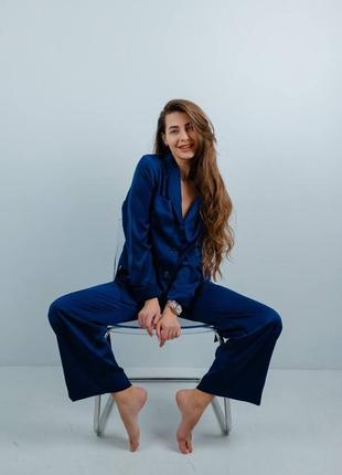 🎨3! шикарний шовковий костюм піжамний стиль синий синий пижамный женский шовк шелковый шелк1 фото