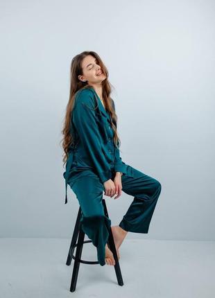 🎨3! шикарний шовковий жіночий костюм смарагдовий смарагд ізумрудний ізумруд изумруд изумрудный пижамный піжамний брючний зелений4 фото
