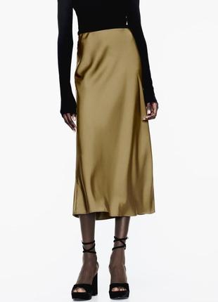 Zara зара атласная юбка средней длины юбка с эластичным поясом и высокой посадкой темно-оливковый2 фото