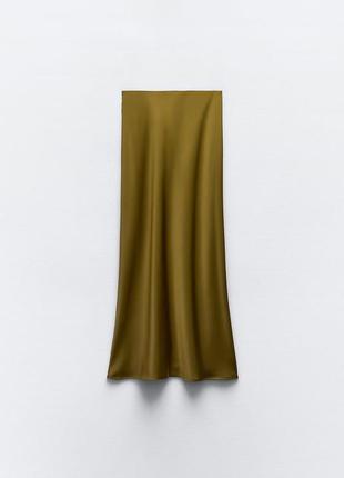 Zara зара атласная юбка средней длины юбка с эластичным поясом и высокой посадкой темно-оливковый6 фото