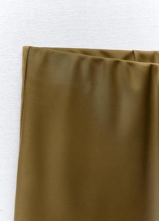 Zara зара атласная юбка средней длины юбка с эластичным поясом и высокой посадкой темно-оливковый7 фото