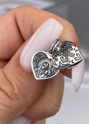 Серебряный кулон 925 пробы с черню шарм сердечко двойной иконка6 фото