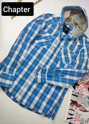 Сорочка чоловіча блакитного кольору в клітинку з капюшоном від бренду chapter slim fit m2 фото