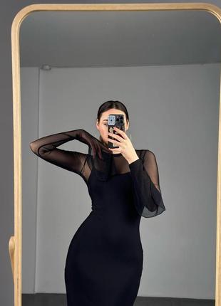 Женское платье миди базовое с сеткой черная демисезонная бежевая нарядная7 фото