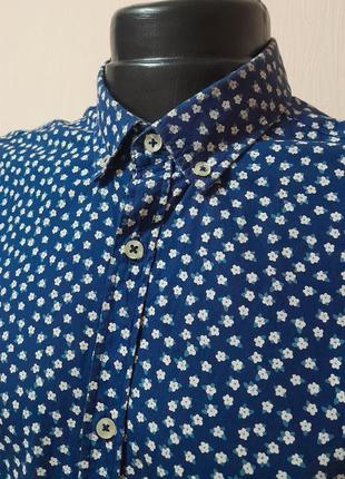 Шикарная хлопковая рубашка синего цвета в цветочный принт zara man slim fit made in turkey4 фото