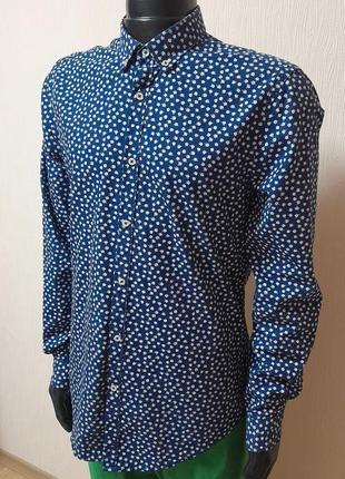 Шикарная хлопковая рубашка синего цвета в цветочный принт zara man slim fit made in turkey3 фото