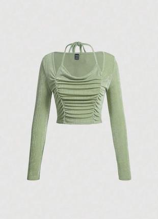 Топ лонгслів кофточка зі складкою і зав'язкою на шиї