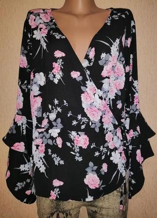 Красивая женская кофта, блузка на запах в цветочный принт, рукав воланы 16 размер f&f