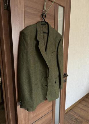 Стильный зеленый/хаки шерстяной пиджак в клетку  в полоску в стиле zara2 фото
