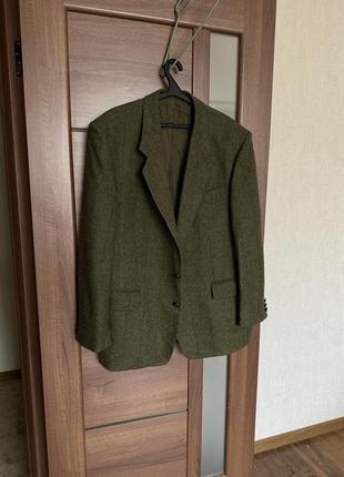 Стильный зеленый/хаки шерстяной пиджак в клетку  в полоску в стиле zara1 фото