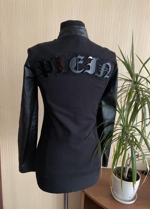 Крутезный коттоновый жакет philipp plein пиджак бомбер кофта на молнии вставки и рукава эко кожа1 фото