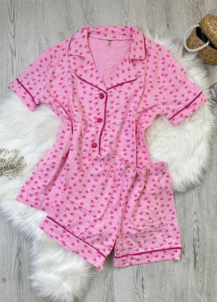 Натуральная хлопковая пижама сердечки рубашка и шорты s-xl