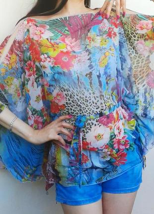 Блузка яркая лёгкая воздушная туника блуза топ кофт голуб принт цвет рукав лет2 фото