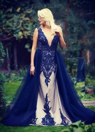 Темно синее вечернее выпускное платье трансформер со съемным шлейфом6 фото
