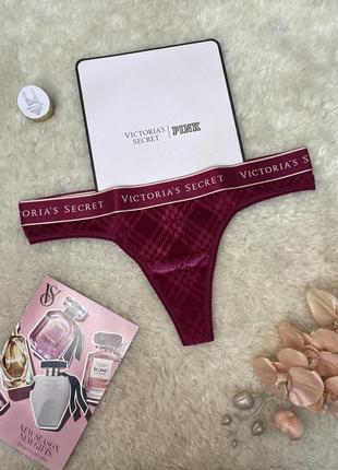 Трусики стрінги victoria's secret  m l оксамитові з логотипом на поясі малинові оригінал вікторія1 фото