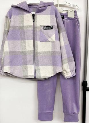 Костюм дитячий підлітковий кашеміровий картатий сорочка з капюшоном, штани велюр хутро, малиновий