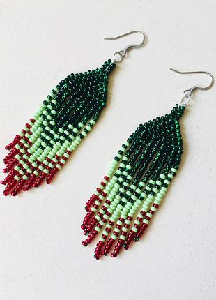 Зеленые серьги из бисера, серьги бахрома из бисера, серьги кисточки из бисера