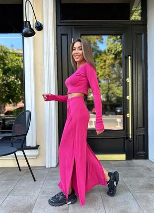 Жіночий рожевий стильний костюм двійка 🔥топ + штани8 фото