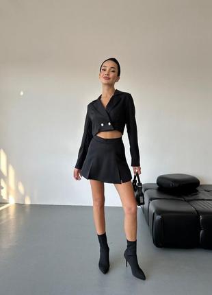 Трендовый черный стильный качественный костюм комплект пиджак+юбка-шорты 20242 фото