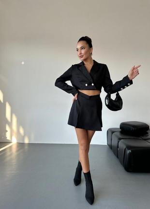 Трендовый черный стильный качественный костюм комплект пиджак+юбка-шорты 20244 фото