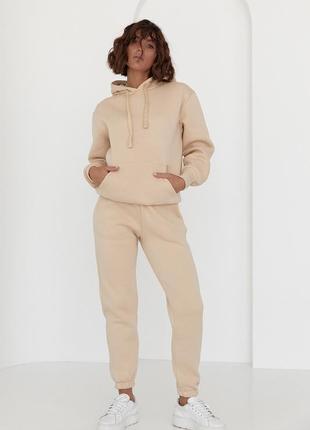 Женское теплое худи с карманом спереди - бежевый цвет, l/xl (есть размеры)3 фото
