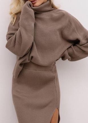 Теплый вязаный костюм свитер и юбка, костюм с юбкой вязка оверсайз, свитер с воротником под горло4 фото