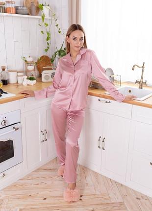 Шелковая пижама, комплект для дома розового цвета