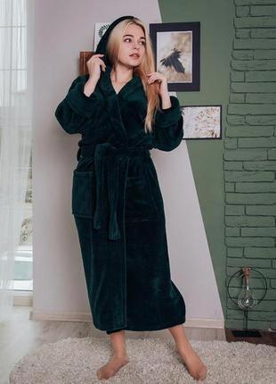 Качественный зеленый длинный теплый махровый/плюшевый халат с капюшоном 42-50 есть цвета